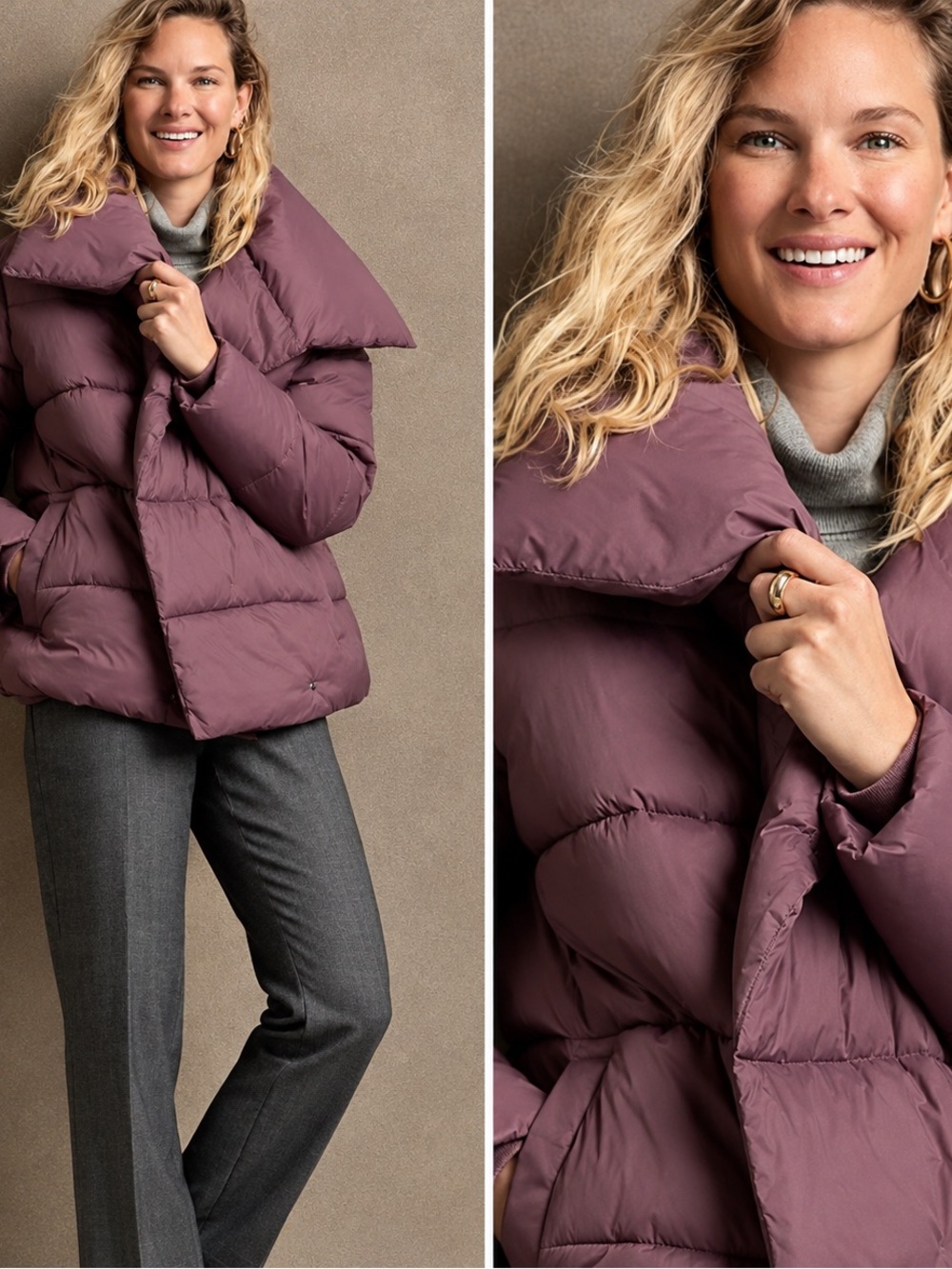 Banana Republic NWT Women's Quilted Puffer Cowl-neck Jacket in Mauve Size Small